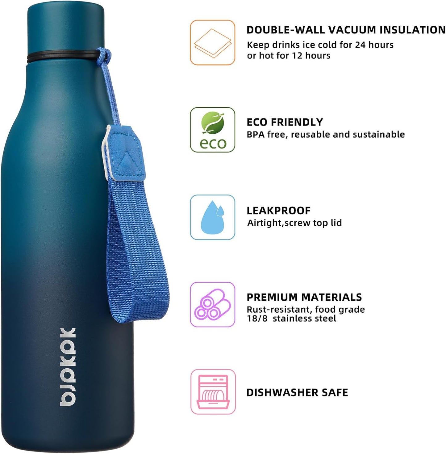 BJPKPK Insulated Water Bottles, 18 oz Stainless Steel Metal Water Bottle with Strap, BPA Free Leak Proof Jugs, Mugs, Flasks, Reusable Thermal Flasks for Sports & Travel, Black - Colors B