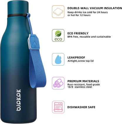 BJPKPK Insulated Water Bottles, 18 oz Stainless Steel Metal Water Bottle with Strap, BPA Free Leak Proof Jugs, Mugs, Flasks, Reusable Thermal Flasks for Sports & Travel, Black - Colors B