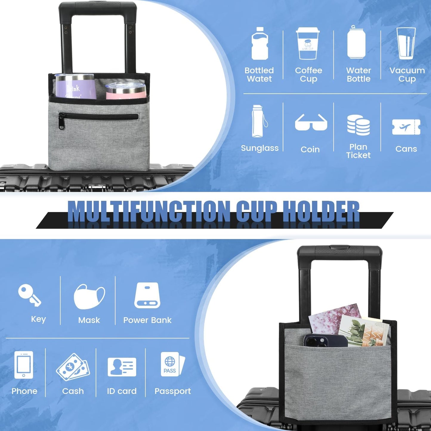 ZHCHG Luggage Travel Cup Holder Attachment for Suitcase Drink Carrier Caddy, Coffee Mug and Tumblers, Traveler Carry on Hands Free Accessory- Gifts for Flight Attendants Travelers Accessories- Black