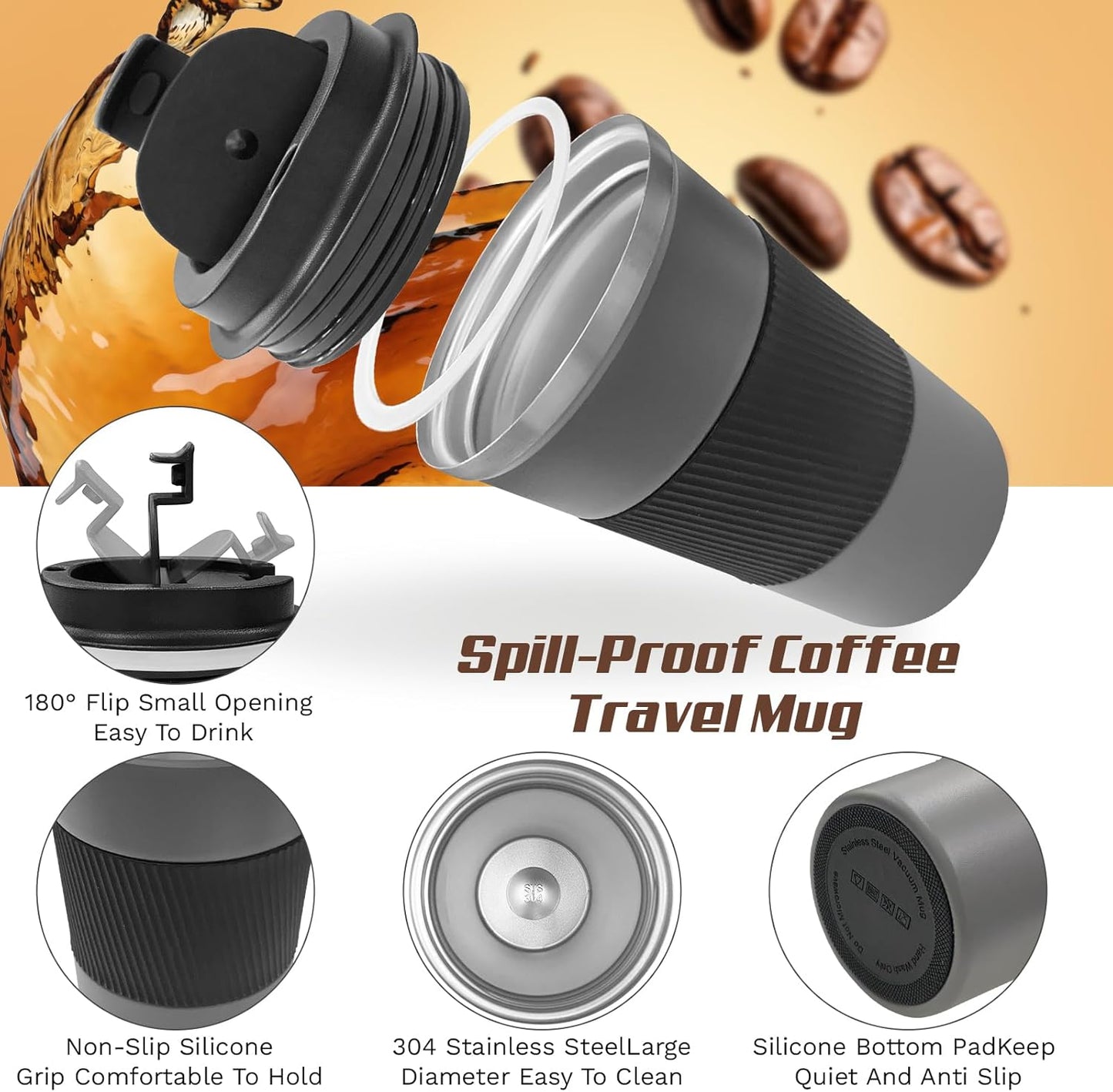 SPLMIFA Vacuum-Insulated Stainless Steel Travel Coffee Mug, Leak-Proof Reusable Coffee Cup with Lid - Keep Hot & Cold Drinks for Hours, Durable Insulated Tumbler for Men & Women(3rd-Black, 12OZ)