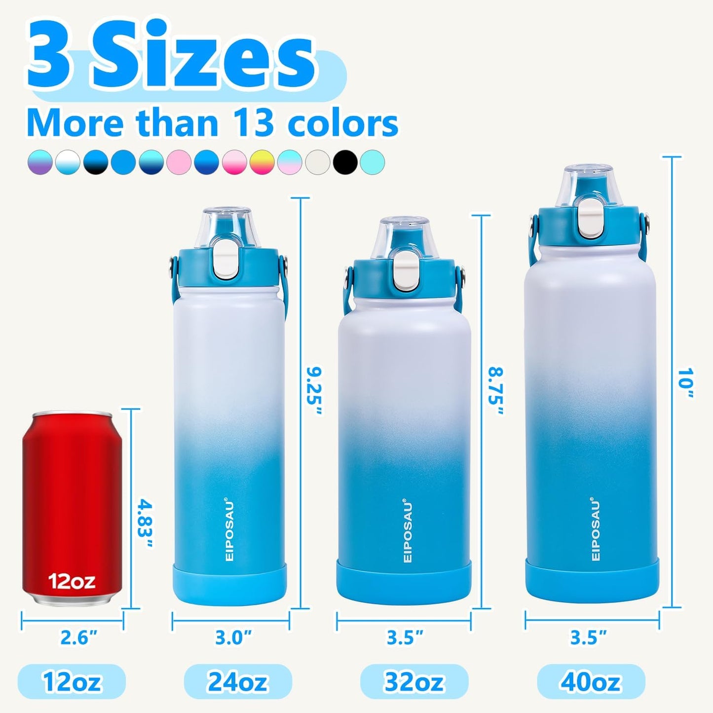 Insulated Water Bottle with Lid & Boot & Stickers, 24 oz Stainless Steel Sweat Free Bottle Keep Cold 24H, BPA-Free Sports Wide Mouth Water Bottle, BlueBlack