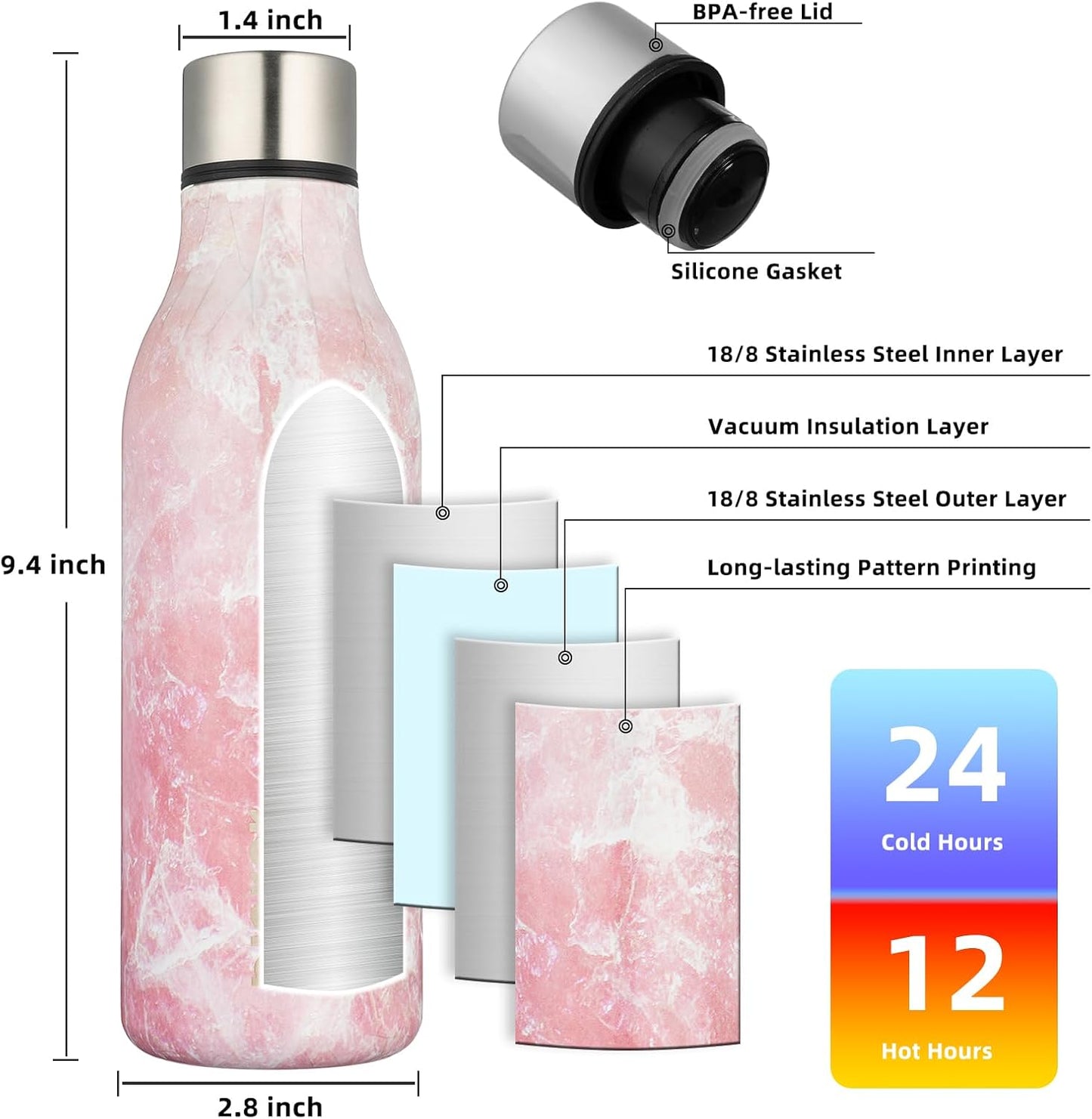 BJPKPK Insulated Water Bottles, 18 oz Stainless Steel Metal Water Bottle with Strap, BPA Free Leak Proof Jugs, Mugs, Flasks, Reusable Thermal Flasks for Sports & Travel, Black - Colors A