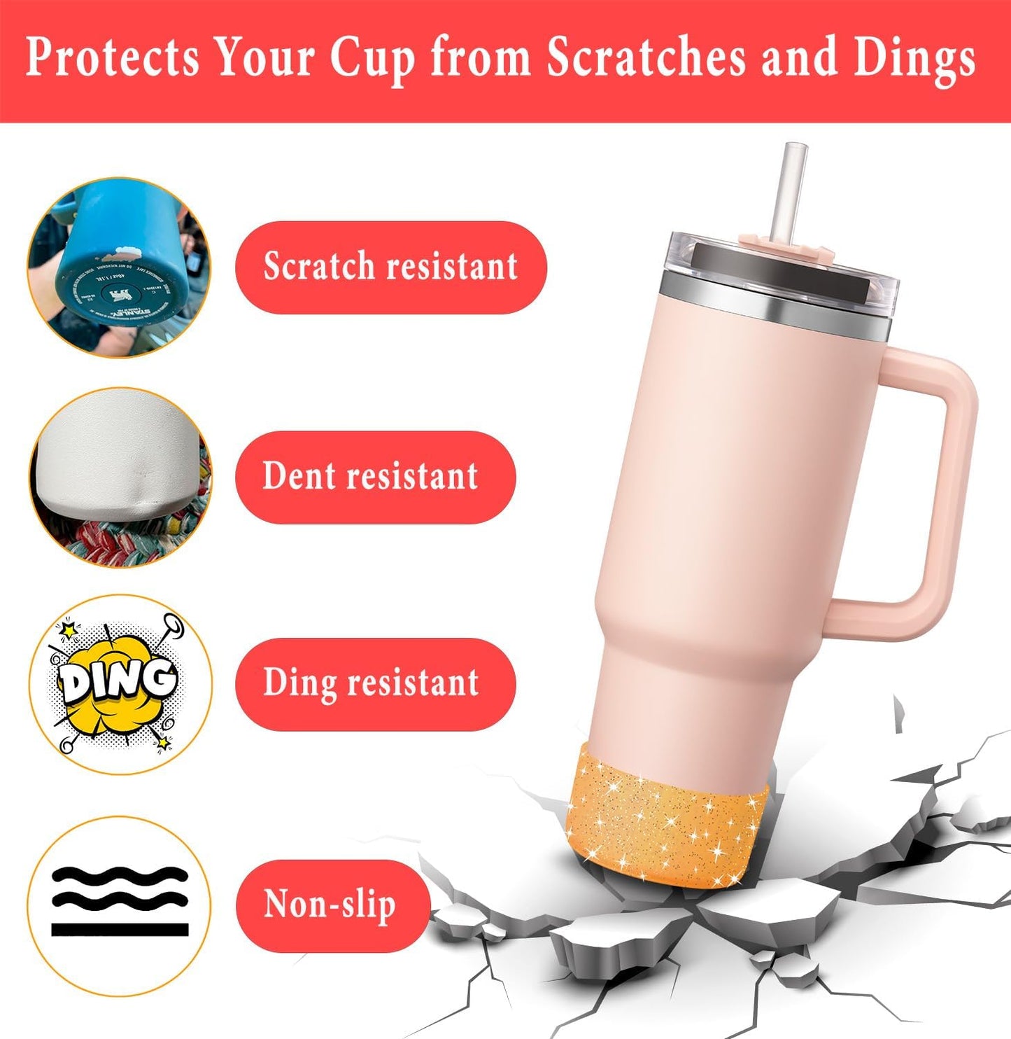 KTKUDY 2 PCS Glitter Silicone Boot Compatible with Stanley Tumbler 20 30 40 oz & Fits Hydro Flask Water Bottle 12-24oz & Fits Yeti, Simple Modern, Owala Cup - Bling Cup Bottom Protector Accessories