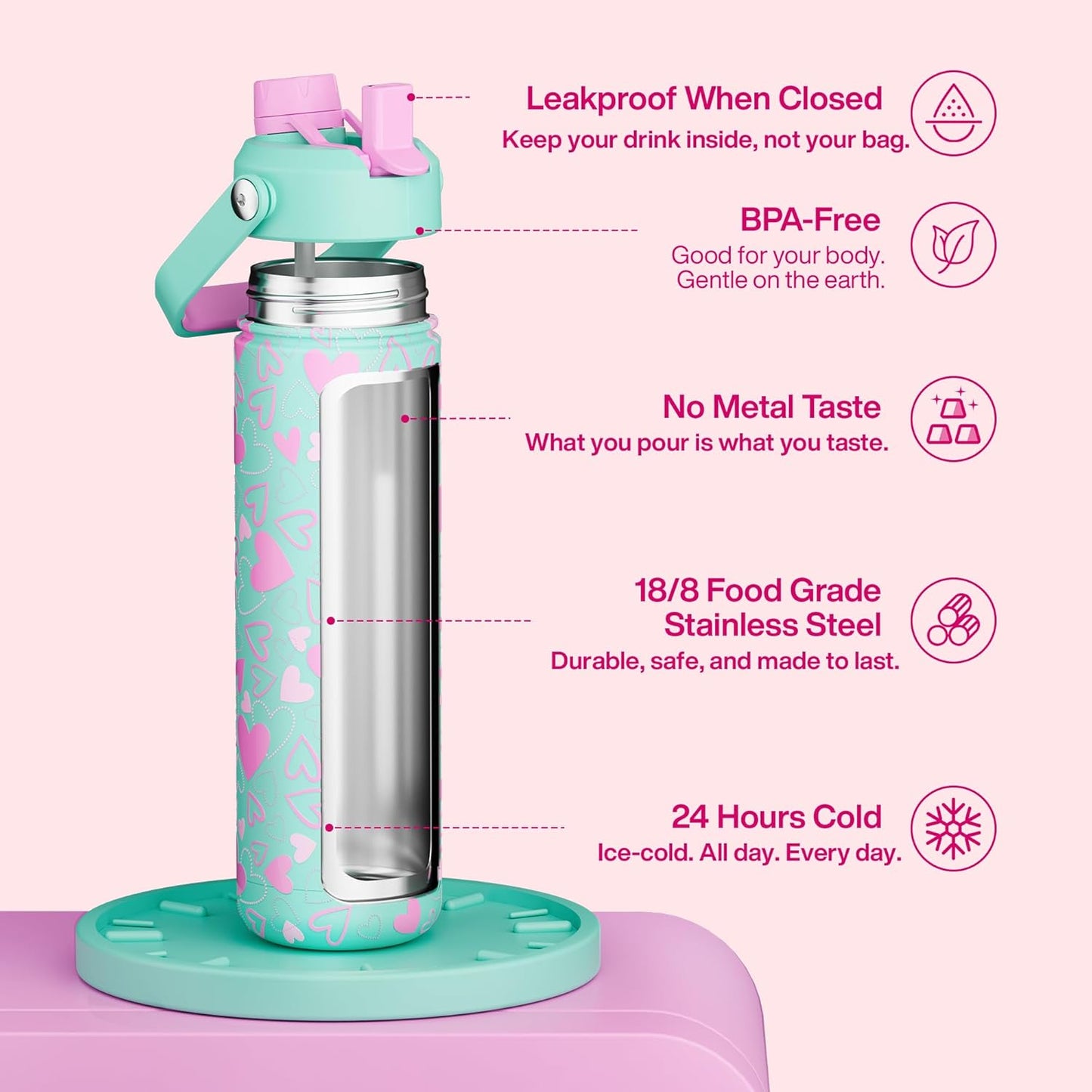 ENCOOL Insulated Water Bottle with Straw Stainless Steel Water Bottle, Leak-Proof, BPA-Free, Double Wall Vacuum Keeps Cold for 24 Hours for Sports, Travel, School (26 oz, Cotton Candy) - Colors C