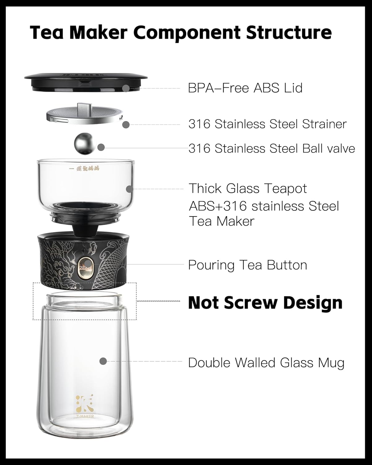 ZENS Modern Glass Infuser Teapot, One Touch Tea Maker for Loose Leaf Tea with Insulated Mug and Portable Case. Enchanted Pot Alternatives for Tea Lover Gifts