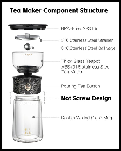 ZENS Modern Glass Infuser Teapot, One Touch Tea Maker for Loose Leaf Tea with Insulated Mug and Portable Case. Enchanted Pot Alternatives for Tea Lover Gifts