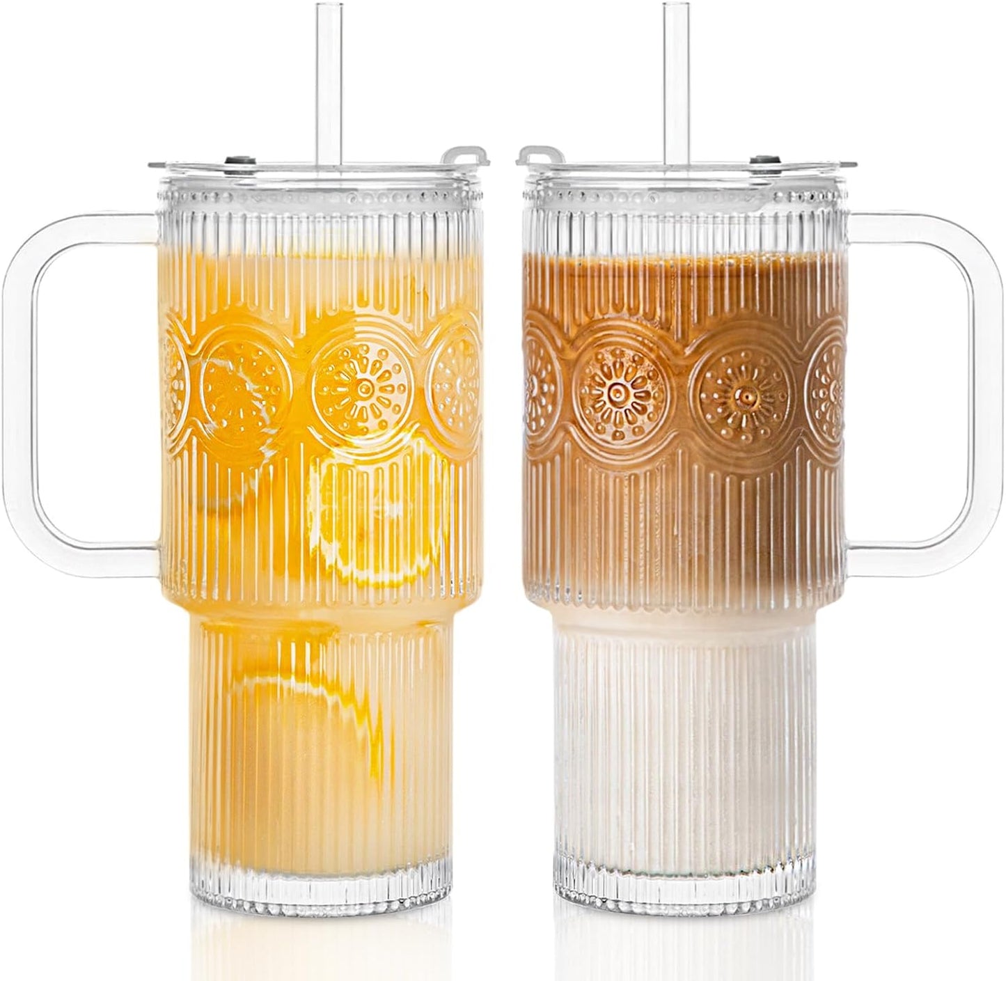 INSETLAN 24oz Ribbed Glass Tumbler with Handle & Lid – 2-Pack Large Iced Coffee Cups with Straws, Modern Glass Mug for Cold & Hot Beverages, Aesthetic Travel Cup for Smoothies, Tea, and Juice