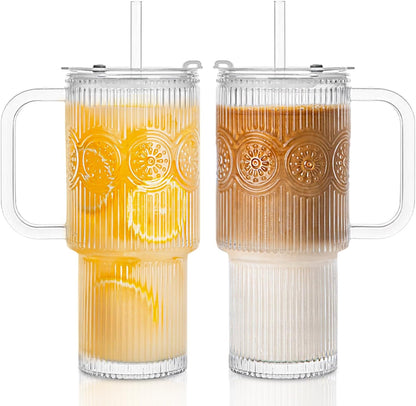 INSETLAN 24oz Ribbed Glass Tumbler with Handle & Lid – 2-Pack Large Iced Coffee Cups with Straws, Modern Glass Mug for Cold & Hot Beverages, Aesthetic Travel Cup for Smoothies, Tea, and Juice