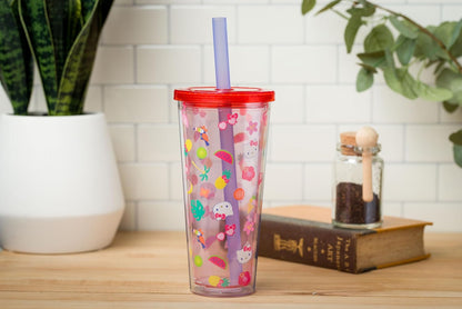 Silver Buffalo Sanrio Hello Kitty Milk Carton Pattern Plastic Boba Tumbler w Lid and Wide Straw, 24 Ounces