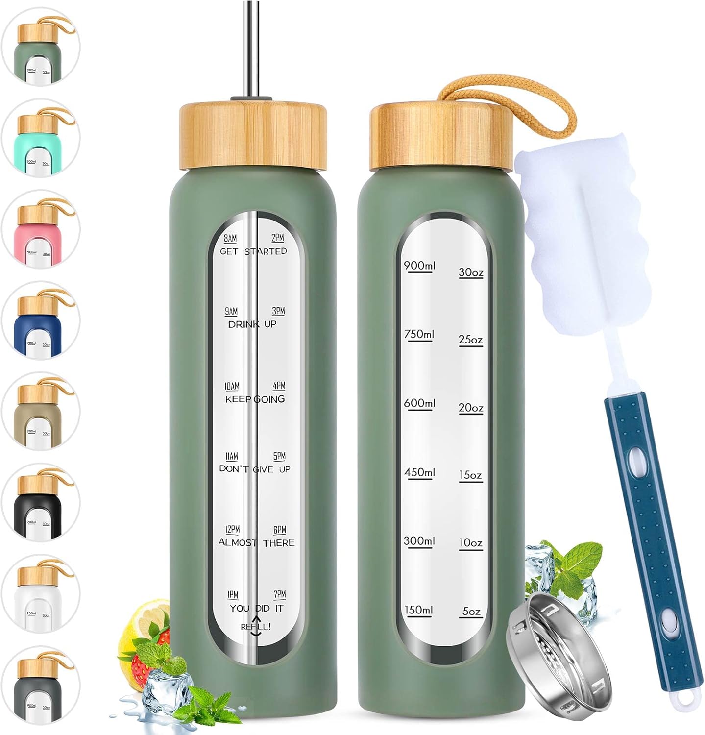 SipZest 32 oz Glass Water Bottle with Straw - Motivational Time Marker & Silicone Sleeve - Reusable Tumbler Includes 2 Bamboo Lids & Fruit Infuser - 1 Pack