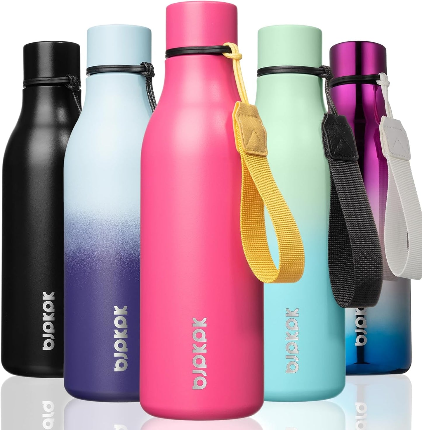 BJPKPK Insulated Water Bottles, 18 oz Stainless Steel Metal Water Bottle with Strap, BPA Free Leak Proof Jugs, Mugs, Flasks, Reusable Thermal Flasks for Sports & Travel, Black - Colors B
