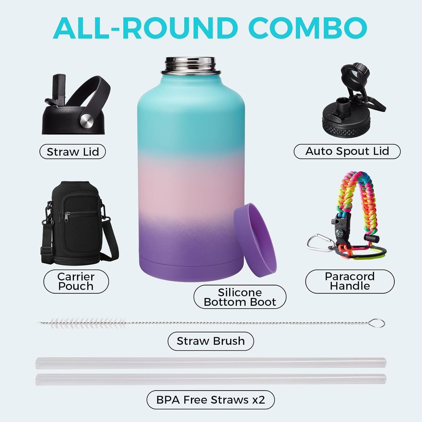 32/40/64OZ Insulated Water Bottle - Keep Cold 48H Hot 24H, Combo Straw/Spout Lids, Paracord Handle for Gym/Hiking, Carrier Bag +Strap, Cup Mat, BPA-Free Stainless Steel Flask Jug