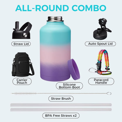 32/40/64OZ Insulated Water Bottle - Keep Cold 48H Hot 24H, Combo Straw/Spout Lids, Paracord Handle for Gym/Hiking, Carrier Bag +Strap, Cup Mat, BPA-Free Stainless Steel Flask Jug