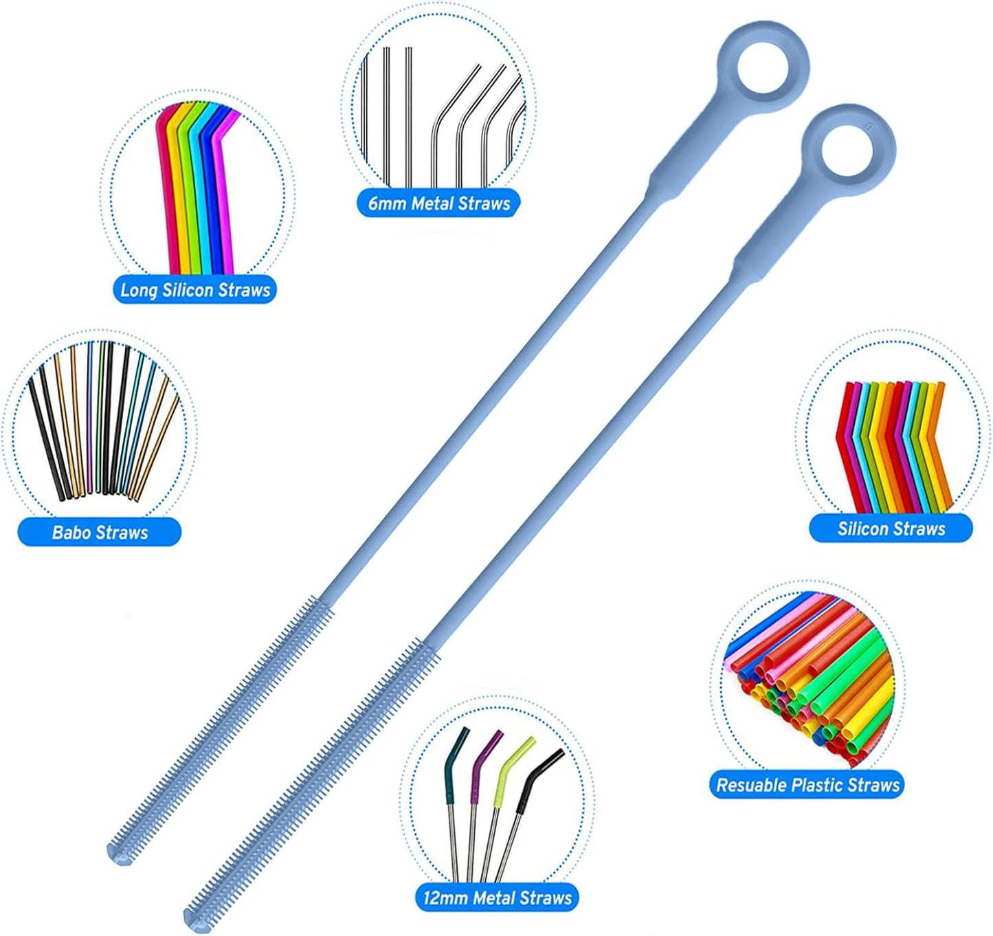 Bottle Brush & Straw Cleaner Brush Set,Silicone Bottle Brush with Sturdy Handle for Water Bottles,Tumblers,Baby Bottles,Long Flexible Straw Cleaner Brush for Standard Straws(Blue)