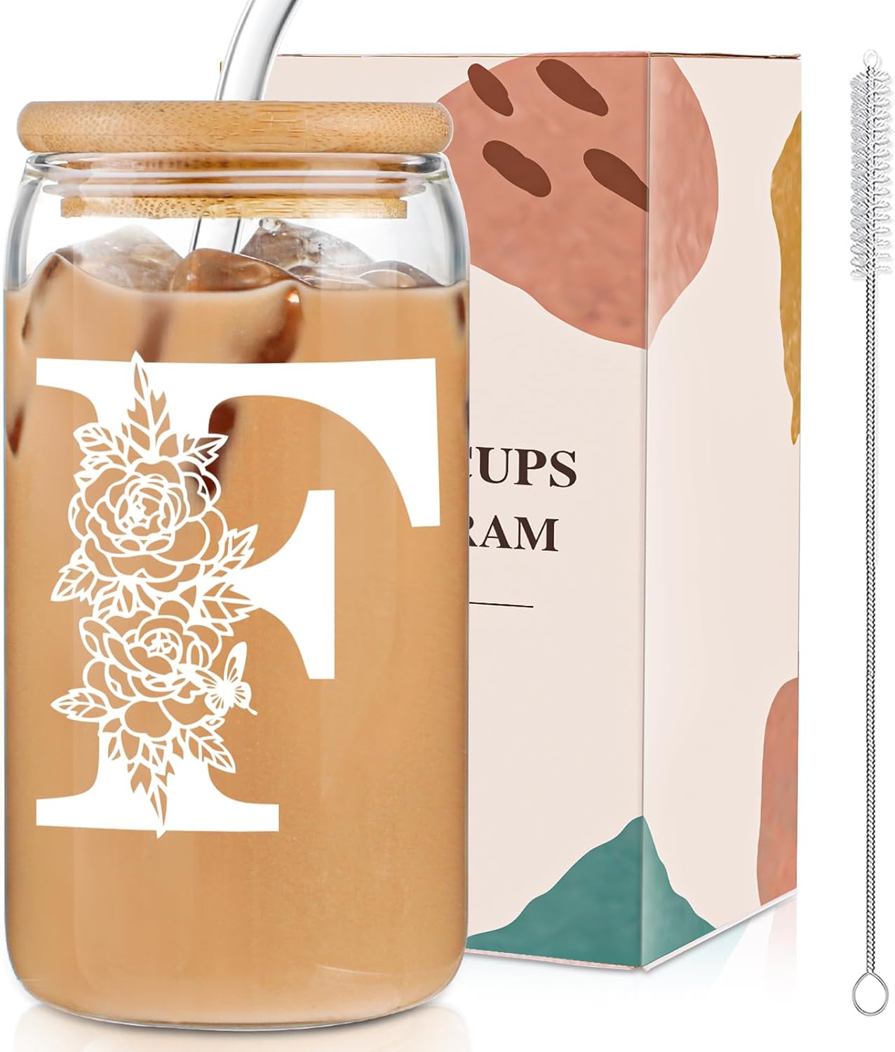 Glass Cups with Lids and Straws: Personalized Initial Glass Cup Be Used As Reusable Iced Coffee Cups with Lids,Cute Matcha Tumbler - The Christmas/Birthday Gifts for Women - M Smoothie Cup