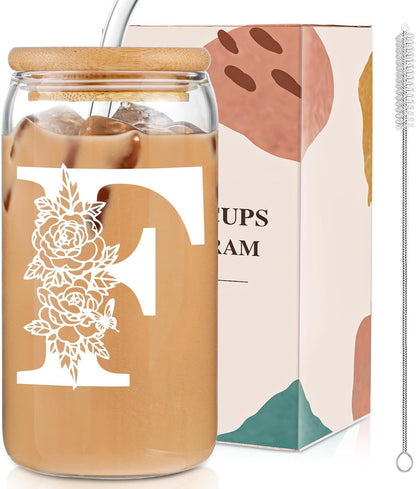 Glass Cups with Lids and Straws: Personalized Initial Glass Cup Be Used As Reusable Iced Coffee Cups with Lids,Cute Matcha Tumbler - The Christmas/Birthday Gifts for Women - M Smoothie Cup