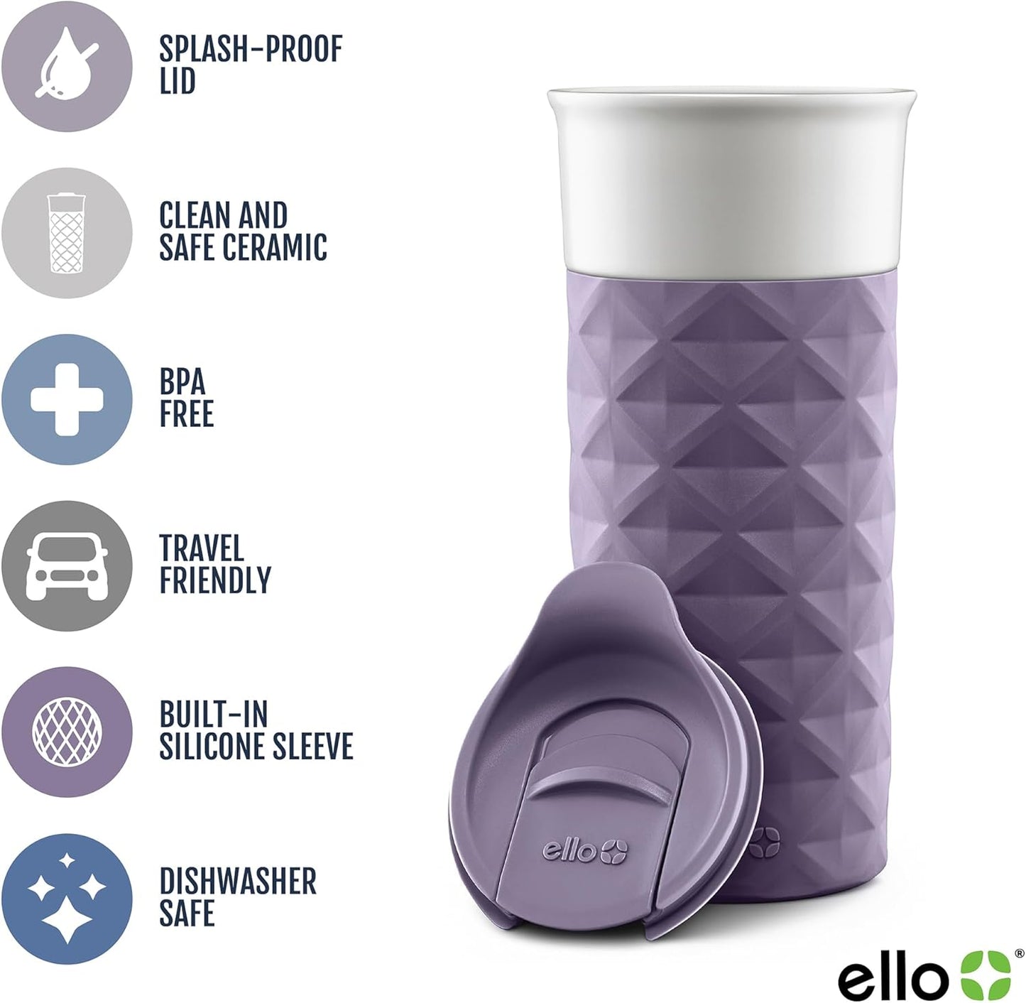 Ello Ogden Ceramic Travel Mug with Splash-Resistant Slider Lid and Protective Silicone Boot, Perfect for Coffee or Tea, BPA Free, Dishwasher Safe, Gray, 16 oz, 758-0438-040
