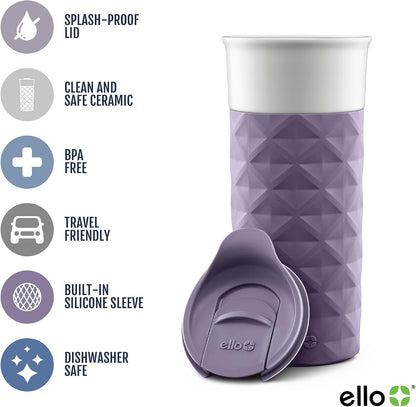 Ello Ogden Ceramic Travel Mug with Splash-Resistant Slider Lid and Protective Silicone Boot, Perfect for Coffee or Tea, BPA Free, Dishwasher Safe, Gray, 16 oz, 758-0438-040
