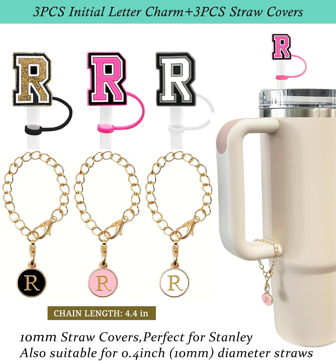（3 +3) 3PCS Nuozme Straw Cover 10mm For Stanley Tumbler Cup Reusable Straw Cap Topper with 3 Initial Letter Charms Accessories Name ID Personalized Handle Charm For Stanley 30&40 Oz Cup Tumbler - Colors B