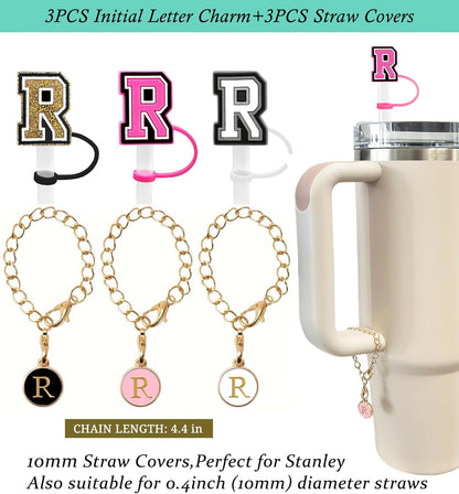 （3 +3) 3PCS Nuozme Straw Cover 10mm For Stanley Tumbler Cup Reusable Straw Cap Topper with 3 Initial Letter Charms Accessories Name ID Personalized Handle Charm For Stanley 30&40 Oz Cup Tumbler - Colors B