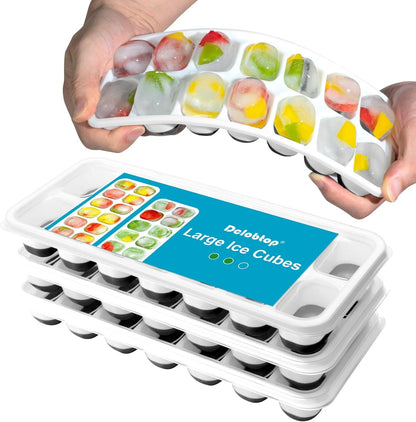 3 Pack Ice Cube Trays with Lid for Freezer, Flexible Silicone Bottom for Easy Release, Stackable Space-Saving Ice Molds, 1.2" Cubes Color-Coded (2 Green 1 Blue) for Juice, Coffee & Cocktails, BPA Free