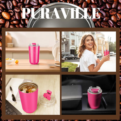Puraville Insulated Tumblers with Lid, 14 oz Travel Coffee Mug Stainless Steel Vacuum Cup, Leak Proof Reusable Double Walled Coffee Tumbler for Iced and Hot Drinks, Cream
