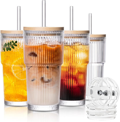 SoulTimes 20oz Glass Cups with Lids and Straws, Ribbed Glass Tumbler for Iced Coffee, Smoothie, Juice & Cold Drinks, Reusable Thick Glassware Set, Elegant Home & Travel Drinkware【2 Pack】