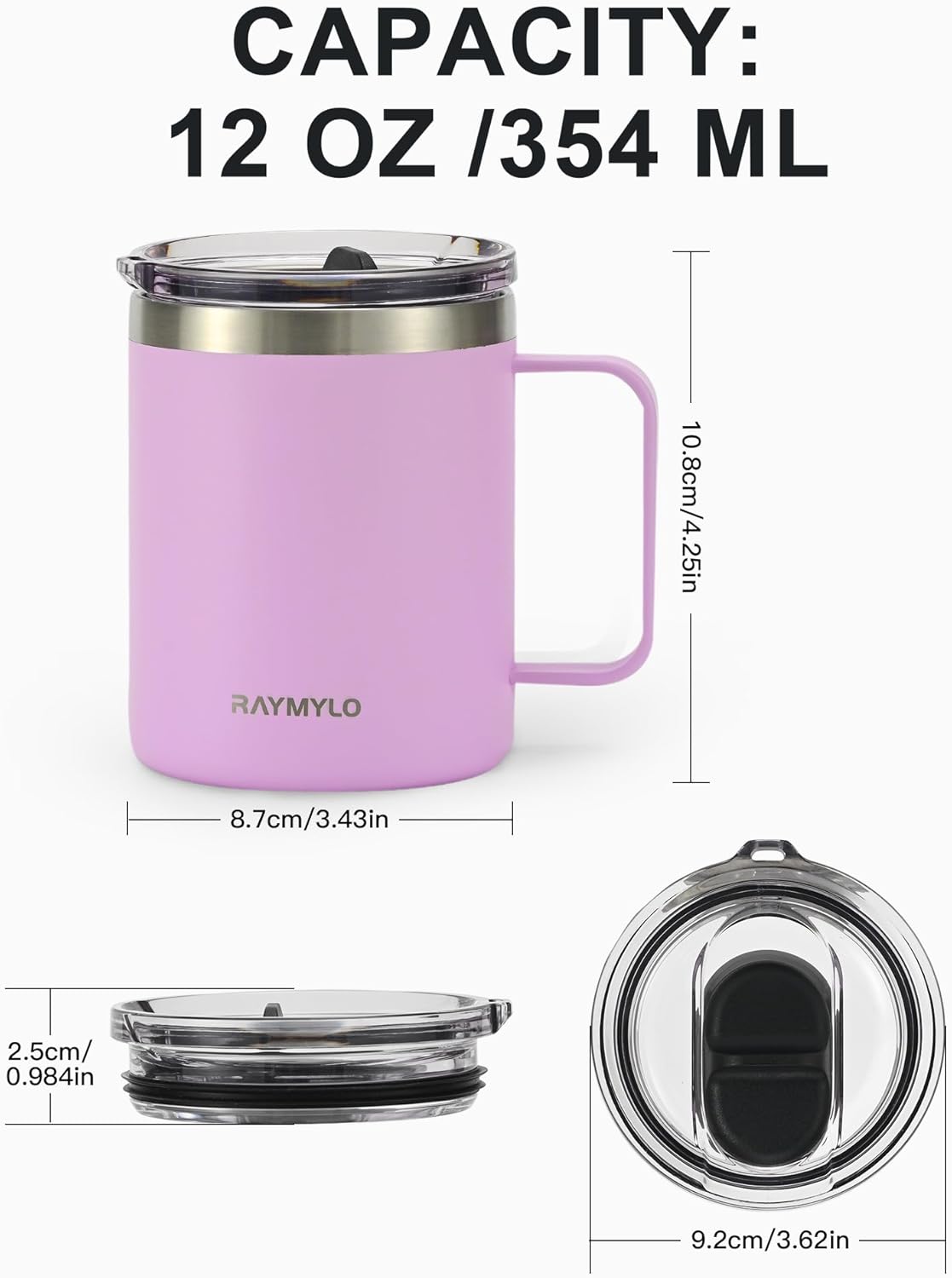 RAYMYLO Insulated Coffee Mug 12 oz, Double Wall Stainless Steel Coffee Mug with Lids, Leak-Proof & Detachable Slider Lid for Thorough Clean, Keeps Coffee Cold for 9 Hrs, Suitable for Camp Home Office