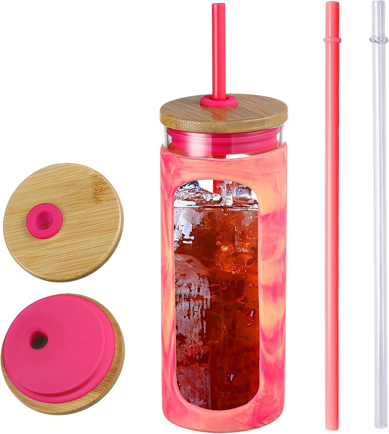 Kodrine 20oz Glass Water Tumbler with Straw and Lid, Bamboo Lids Water Bottle, Iced Coffee Cup Reusable, Wide Mouth Smoothie Cups with Protective Silicone Sleeve BPA FREE-Black - Colors A