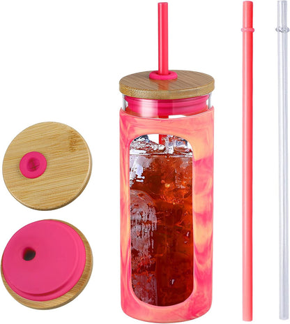 Kodrine 20oz Glass Water Tumbler with Straw and Lid, Bamboo Lids Water Bottle, Iced Coffee Cup Reusable, Wide Mouth Smoothie Cups with Protective Silicone Sleeve BPA FREE-Black - Colors A