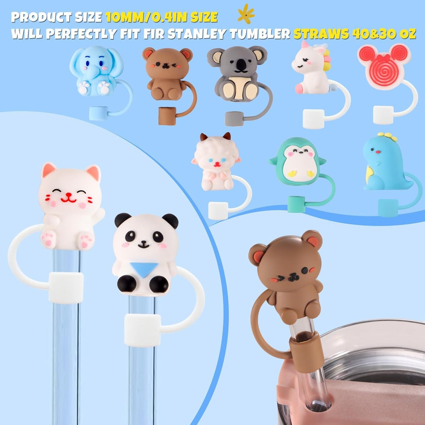 15 PCS Cute Silicone Straw Cover Cap for Stanley Cup Accessories,Simple Modern Straw Covers,10mm Straw Topper Compatible with 30&40 Oz Tumbler