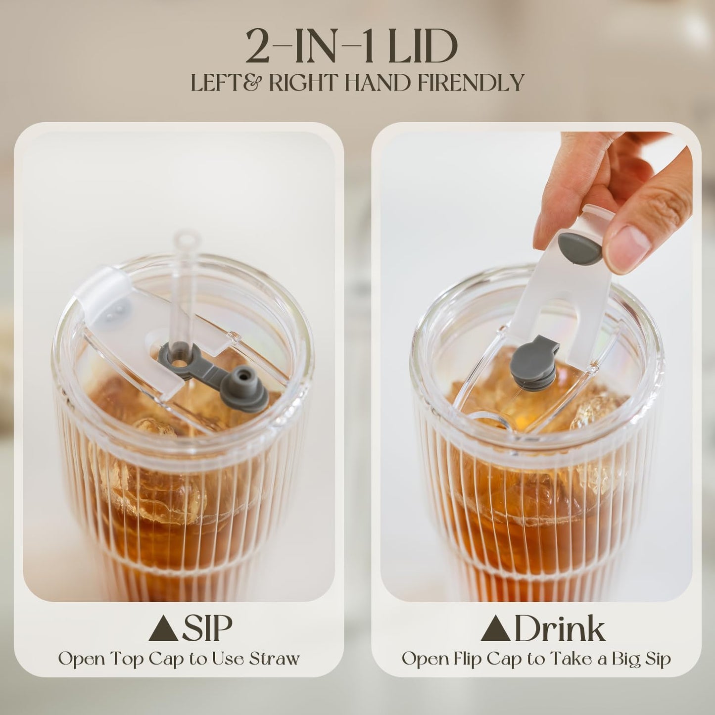 KEMORELA 16oz Ribbed Glass tumbler with Lids and Straws 2pcs,Double Wall Iced Coffee Cups with Lids,Coffee Bar Accessories, Insulated Borosilicate Glass Tumblers, To Go Coffee Cups, Spill proof