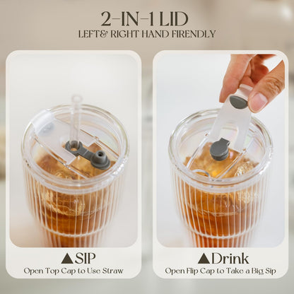 KEMORELA 16oz Ribbed Glass tumbler with Lids and Straws 2pcs,Double Wall Iced Coffee Cups with Lids,Coffee Bar Accessories, Insulated Borosilicate Glass Tumblers, To Go Coffee Cups, Spill proof
