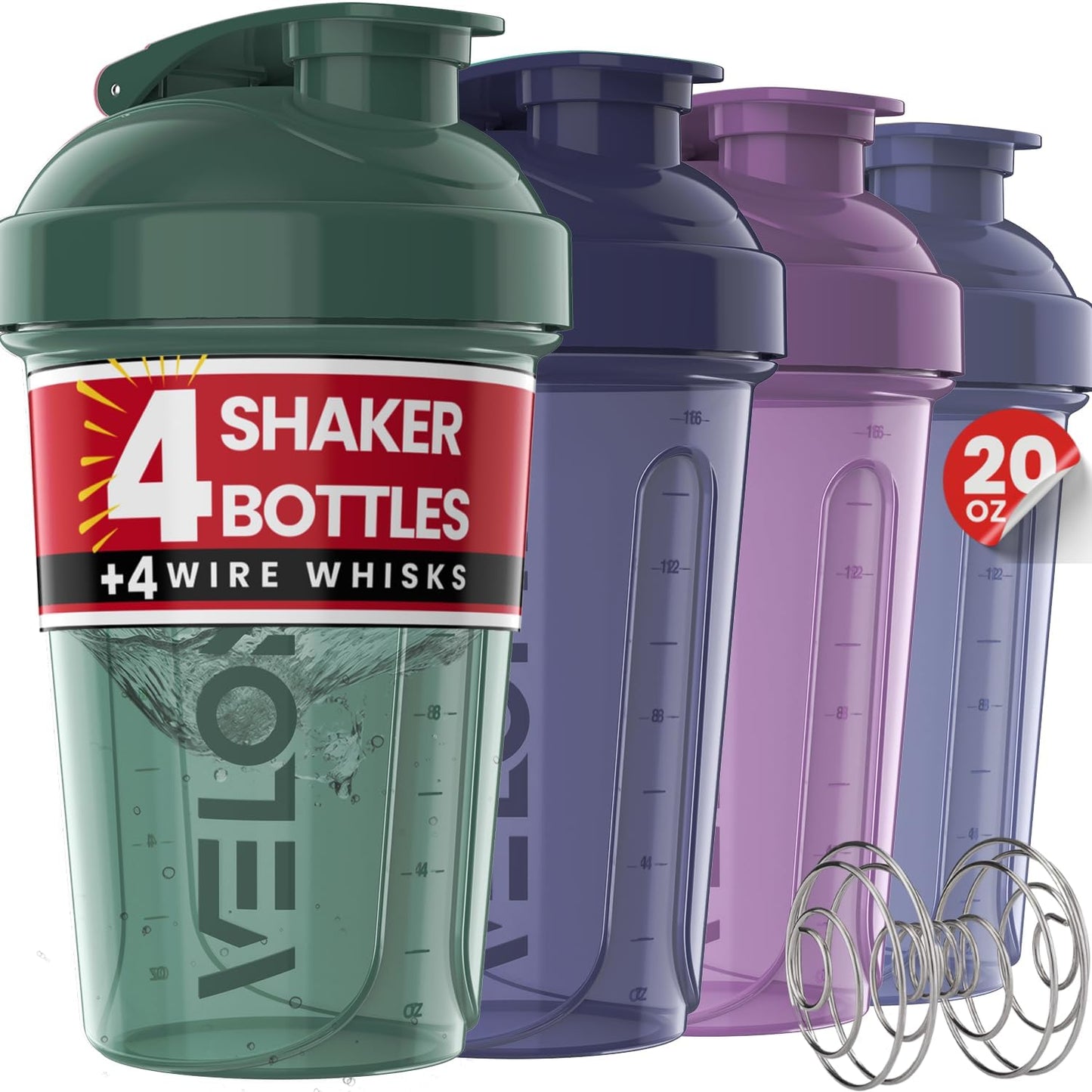 VELOMIX -4 PACK- 20 OZ Protein Shaker Bottle for Protein Mixes - 4x Wire Whisk | Leak Proof Shaker Cups for Protein Shakes | Stackable Protein Shaker Bottle Pack | Dishwasher Safe (Berry Blend)