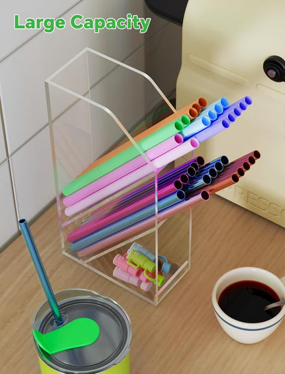 NiHome Straw Holder for Kitchen Cabinet Door, Large Capacity Dual Compartments for 10-12 Inch Straws, Angled Design for Easy Access, Extra Bottom Storage for Caps, Horizontal or Vertical Placement