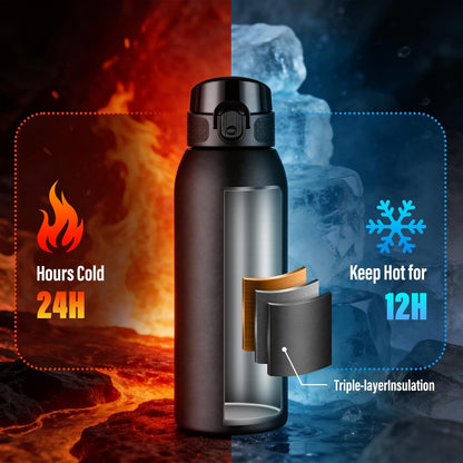 Insulated Water Bottle 24 oz with Dustproof Lid, Carry Handle & Tea Infuser, BPA-Free & Leakproof, Stainless Steel Water Bottles Ideal for Fitness, Hiking, Office & Outdoor Use (Black)