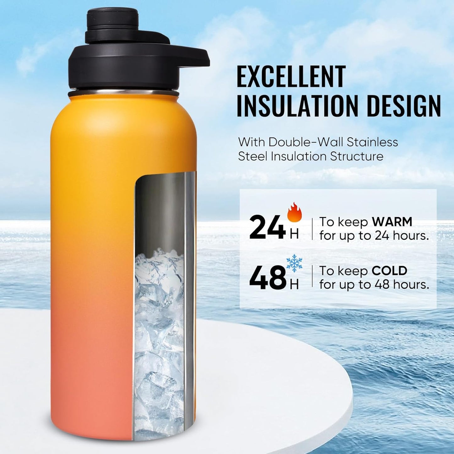 Fijinhom 24 oz Insulated Water Bottle with Handle, 304 Stainless Steel Water Bottles with Wide Mouth, Double Wall Vacuum Sports Water Bottle, BPA Free, Keep Cold and Hot, Black | with Handle