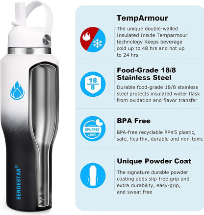 SENDESTAR 40oz Water Bottle Wide Mouth Stainless Steel Vacuum Insulated Double Wall with Straw Lids Fit in Any Car Cup Holder