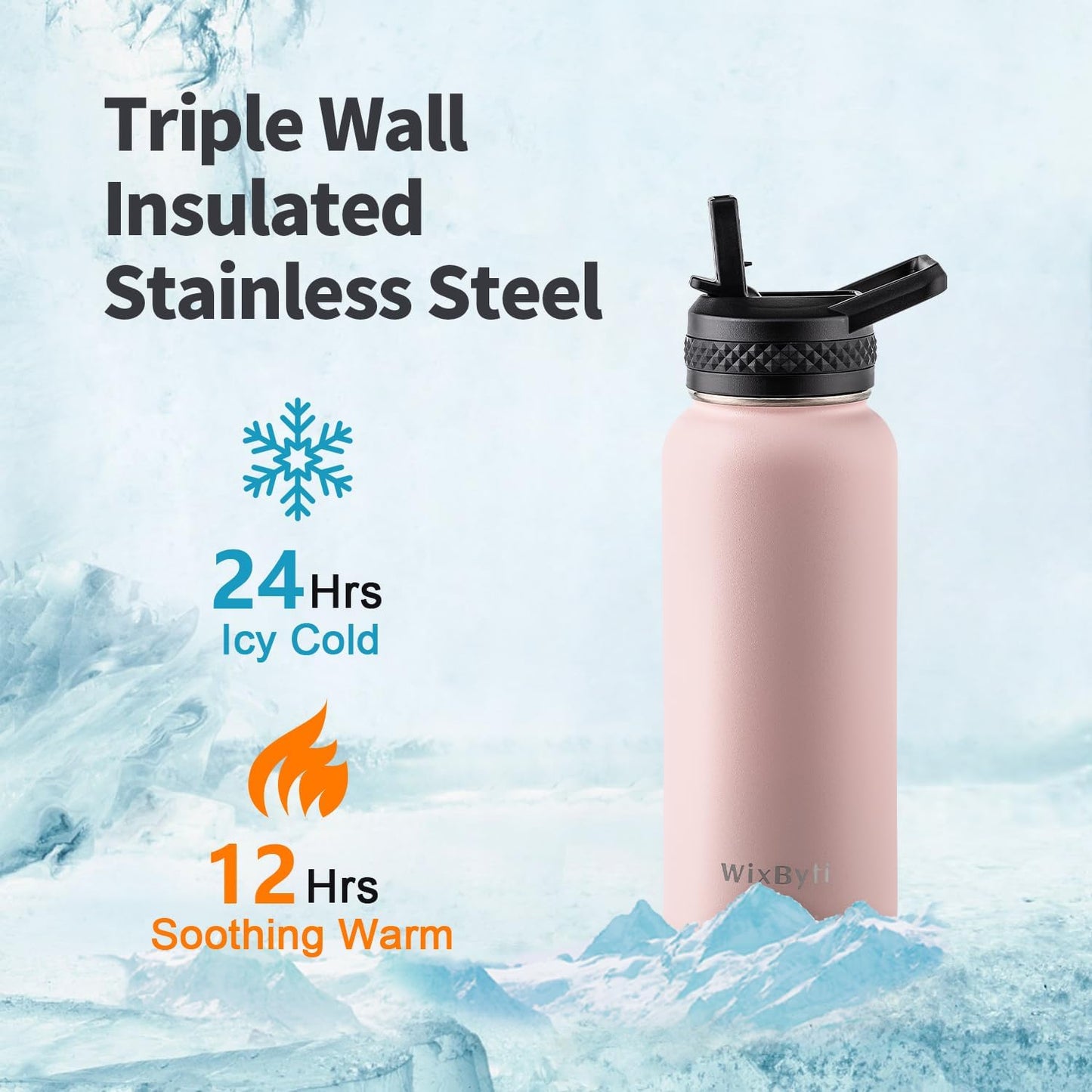 WixByti 40 oz Insulated Water Bottle with Straw (Cold for 36 Hrs), Stainless Steel Triple Wall Vacuum Sports Water Jug, Leakproof Hydro Cup Flask with Paracord Handle & Straw Spout Lids & DIY Stickers