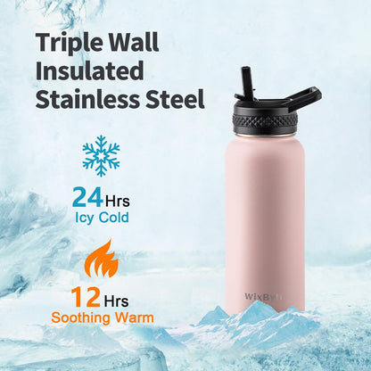 WixByti 40 oz Insulated Water Bottle with Straw (Cold for 36 Hrs), Stainless Steel Triple Wall Vacuum Sports Water Jug, Leakproof Hydro Cup Flask with Paracord Handle & Straw Spout Lids & DIY Stickers