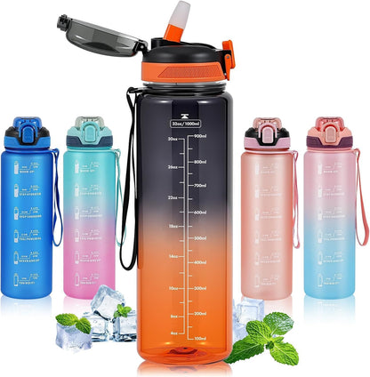 Water Bottle with Straw 1L,Boys Water Bottles with Straw 1 Litre,Waterbottle Leak-Proof Sports Water Bottle,Plastic Drinks Bottles Toxin Free，Bpa-Free (Cyan Black)