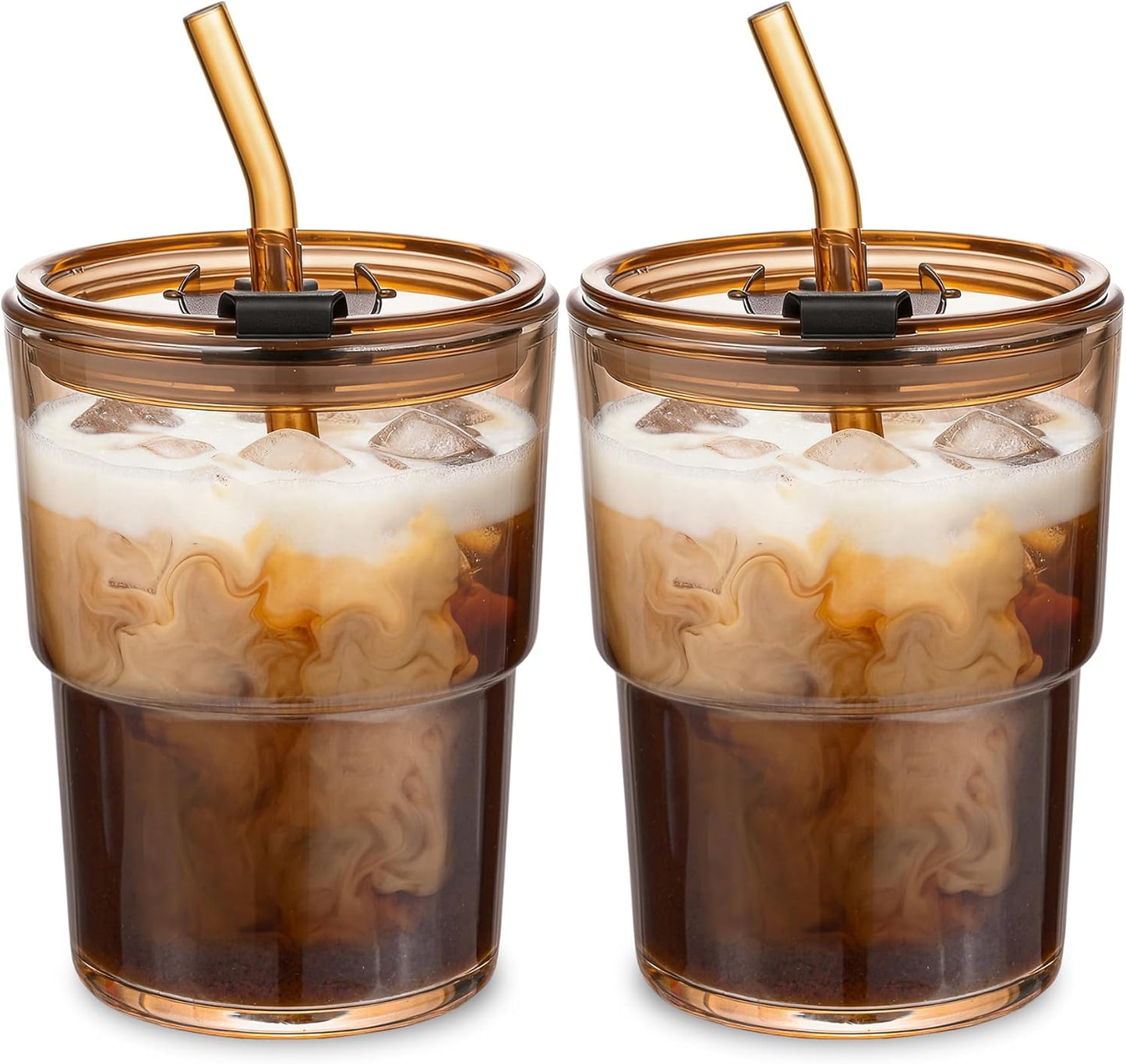 13oz Glass Tumbler with Straw and Lid Sealed, Carry On Reusable Iced Coffee Cups,Thick Wall Glass Coffee Drinking Glassware Cups
