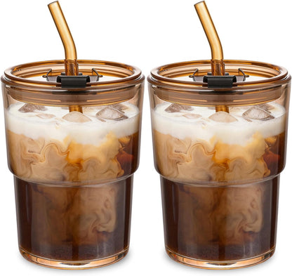 13oz Glass Tumbler with Straw and Lid Sealed, Carry On Reusable Iced Coffee Cups,Thick Wall Glass Coffee Drinking Glassware Cups