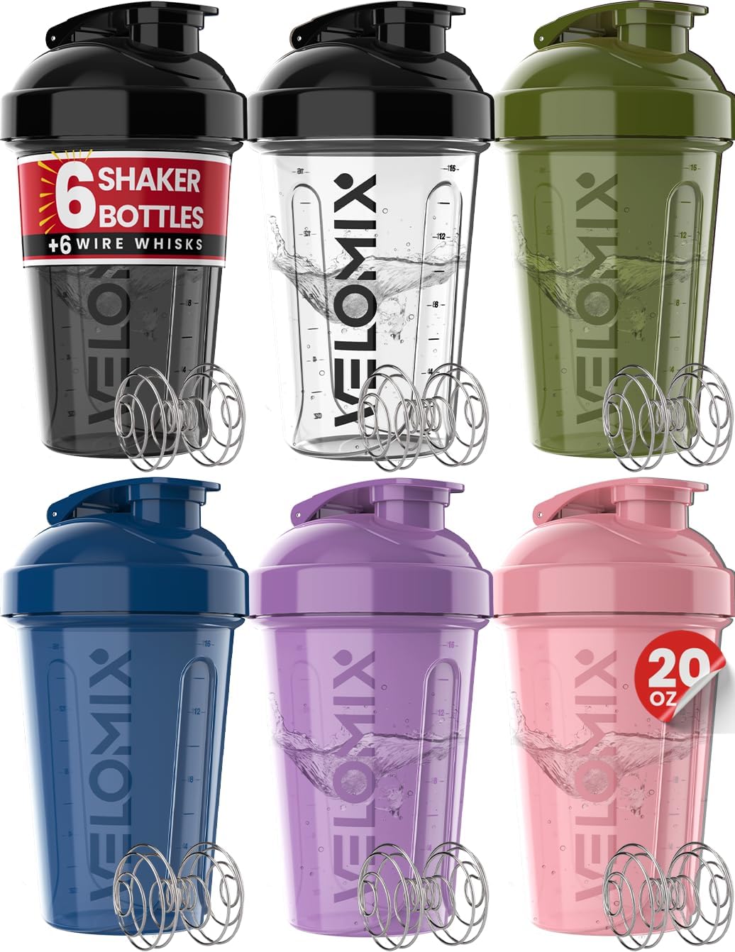 VELOMIX -6 PACK- 20 oz Protein Shaker Bottle for Protein Mixes - 6x Wire Whisk | Leak Proof Shaker Cups for Protein Shakes| Stackable Protein Shaker Bottle Pack | Dishwasher Safe (ALL IN BLACK)