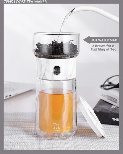 ZENS Modern Glass Infuser Teapot, One Touch Tea Maker for Loose Leaf Tea with Insulated Mug and Portable Case. Enchanted Pot Alternatives for Tea Lover Gifts