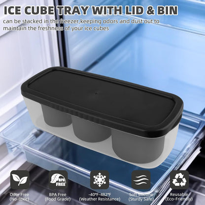 Tcamp Ice Mold for 30-40 oz Tumbler Cup, Silicone Ice Cube Tray With Lid and Bin for Freezer, Ice Ring Ice Maker for Chilling Cocktails, Whiskey, Drinks, Coffee, Easy Fill and Release (Black)