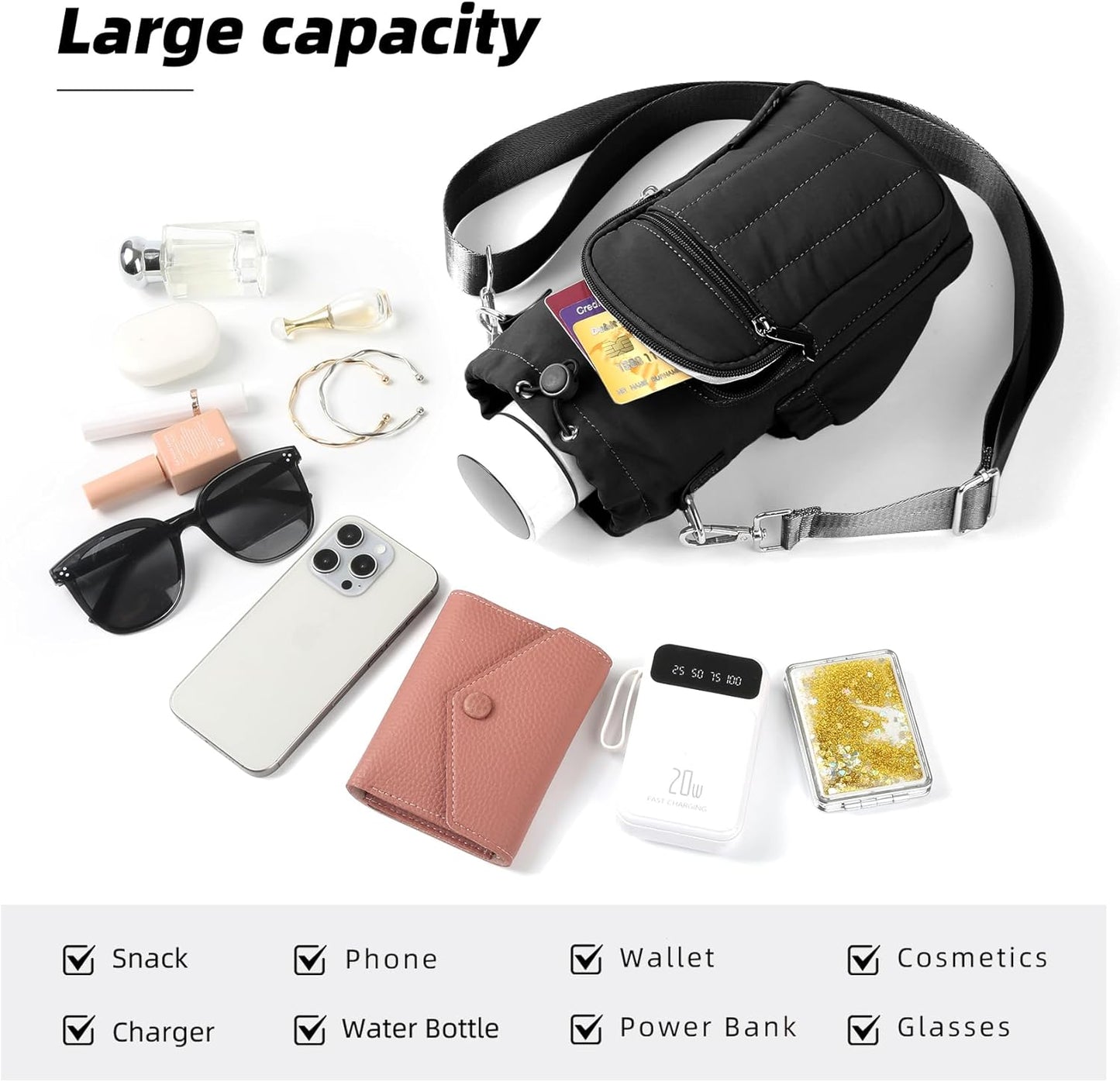 Rueesh Water Bottle Holder Bag with Adjustable Strap, Insulated Bottle Carrier Bag RFID Crossbody Sling Bag for Gym Walking