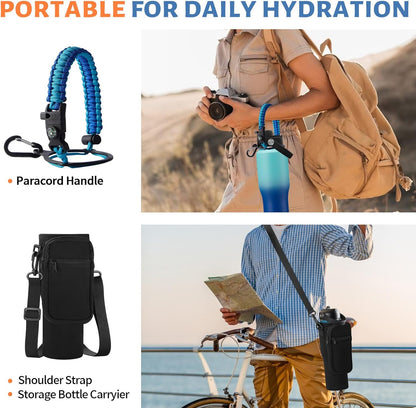 Insulated Water Bottle 40 oz - Fits in any Car Cup Holder, Keep Cold 48H Hot 24H, Stainless Steel Waterbottle Double Wall Flask with Straw, Pop-up Spout Lid, Paracord Handle, Carrier Bag