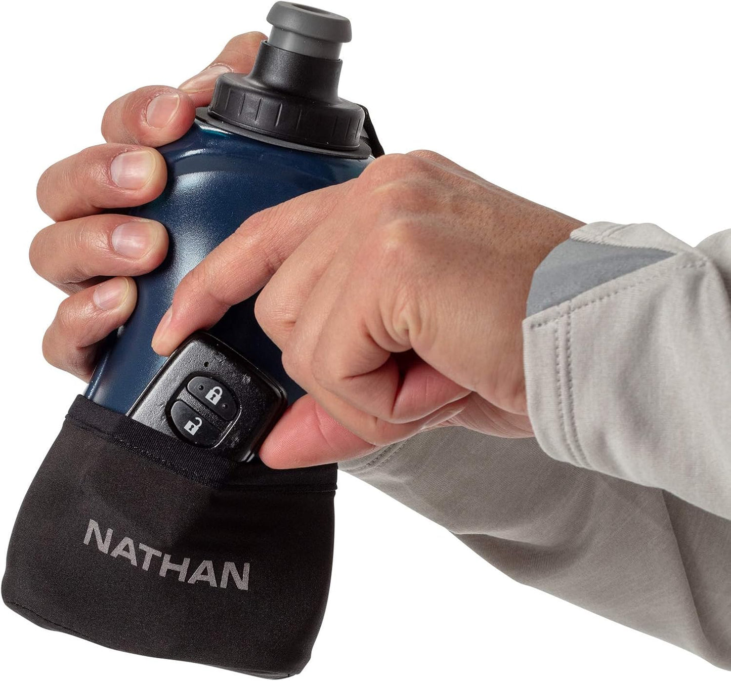 Nathan Running Handheld Water Bottle Adjustable No-Grip Quick Squeeze Lite Hand Strap. Reflective Hydration