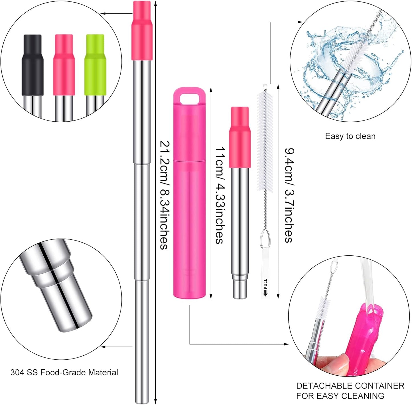 Gejoy 6 Pack Metal Reusable Straw Travel with Case Collapsible Foldable Portable Retractable Drinking Straw Stainless Steel Silicone Tip and Cleaning Brush Long for Cruise Ship Gift